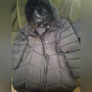 Black Puffer Coat with Fur Hood